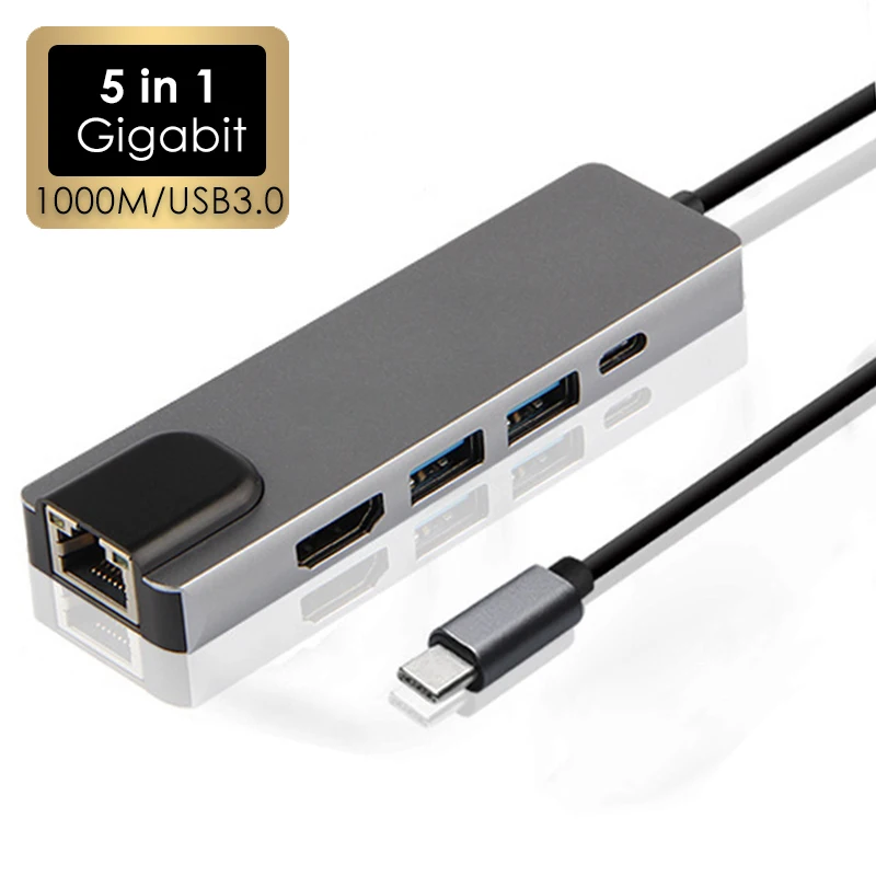 USB 3.1 Type C to Gigabit 1000Mbps RJ45 LAN 2 USB 3.0 Hub 5Gbps 100w PD Charge 4K HDTV 5 in 1 Dock Station for Macbook Air Pro