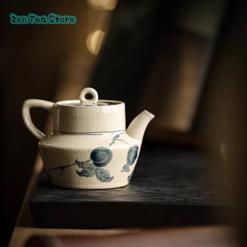 

Antique Blue And White Hand Painted Spring Peach Ceramic Teapot Chinese Rough Pottery Tea Set Small Capacity Clay Pot Single Pot