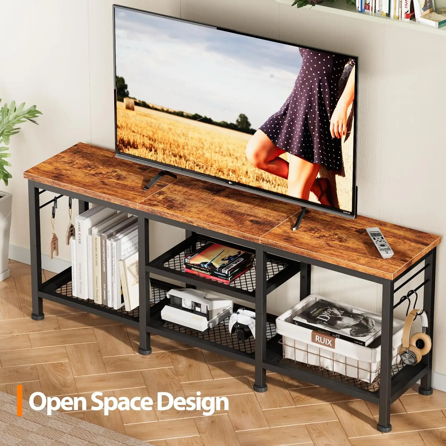 TV Stand for TVs up to 55 Inch, Entertainment Center with Open Storage Shelves, TV Media Console Table with Soundbar Shelf