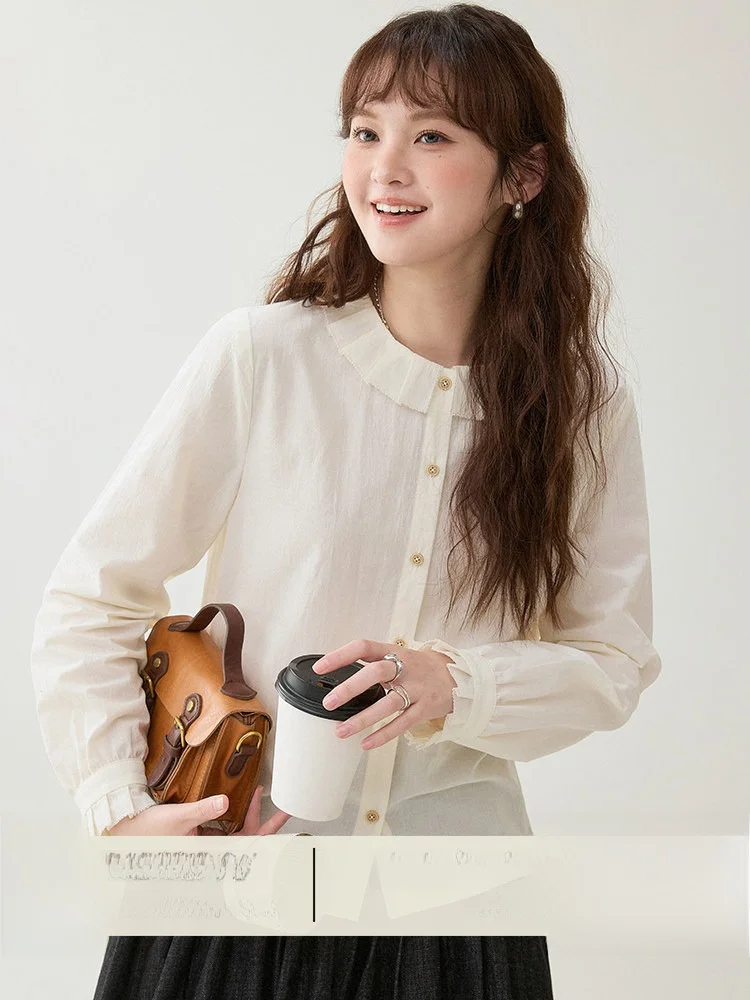 

AMUU Original Lace Trim Pleated round Neck Long Sleeve Cotton Shirt Women's Early Spring New Style Pure Cotton Top