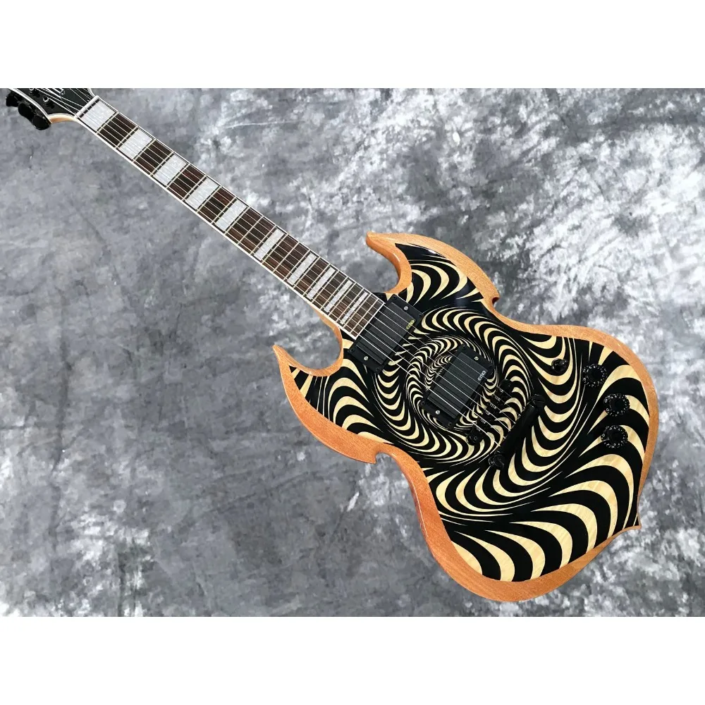 New Black Beige Hypnotic Spiral Swirl Electric Guitar Wylde Audio  Natural Wood Binding,Dual EMG Humbuckers, Black Fixed Bridge