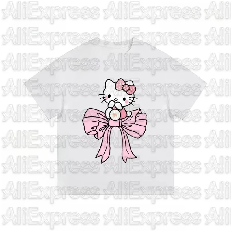 MOTO Hellokitty الوردي KT القط القوس الكرتون قصيرة الأكمام القطن الخالص تي شيرت لطيف الراقية الفاخرة لكل من الرجال والنساء أفضل Y2k #2