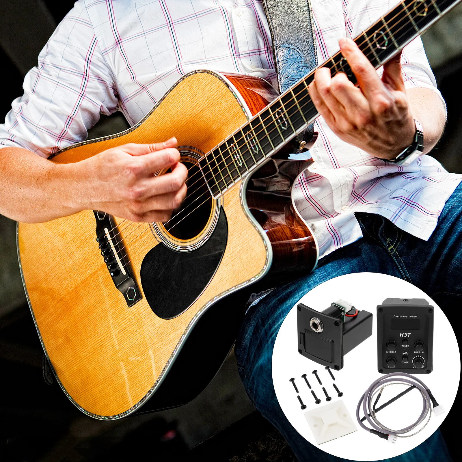 

4 Band Acoustic Guitar Preamp Equalizer Piezo Pickup Acoustic Guitar Pickup LCD Tuner Volume Bass Treble Middle Control