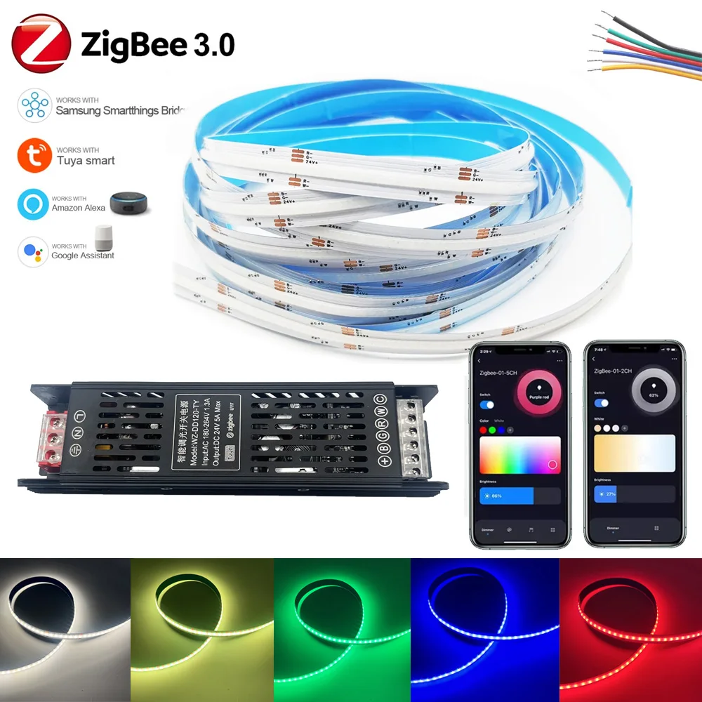 

Zigbee 3.0 COB RGBCCT LED Strip Lights DC24V 5M 10M Flexible Tape 840LEDs/m RA90 Linear Dimmable Room Decor Tuya App for Alexa