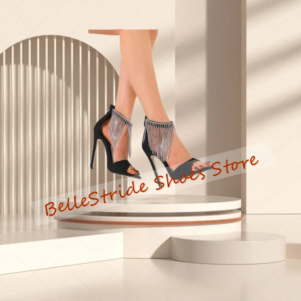 

Black Back Zipper Crystal Tassels Sandals Open Toe Women Shoes Stilettos High Heels Party Banquet Dating 2025 Zapatos Para Mujer