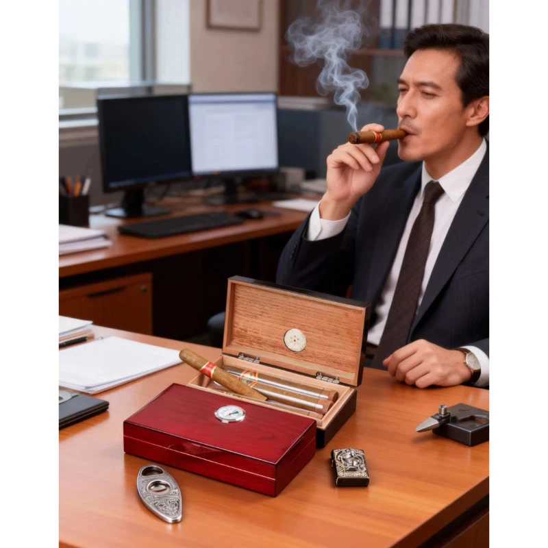 Classic Wooden Humidor Gift Set Box Holds 4 Cigars with Hygrometer & Cigar Tools