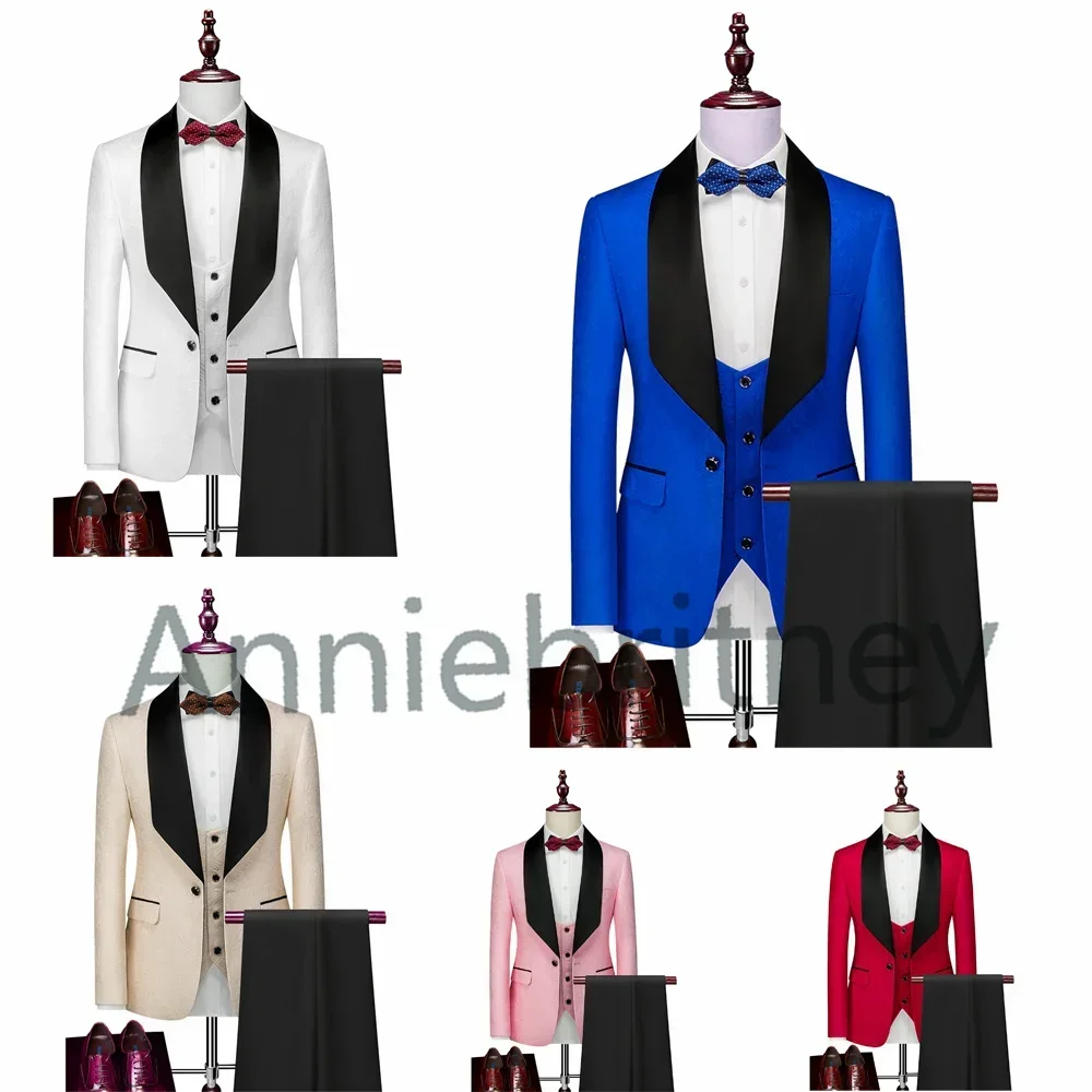 

White Blue Formal Wedding Jacquard Men Suit Groom Tuxedo Prom Blazers Hombre High Quality Custom 3 Piece Set Jacket Vest Pants