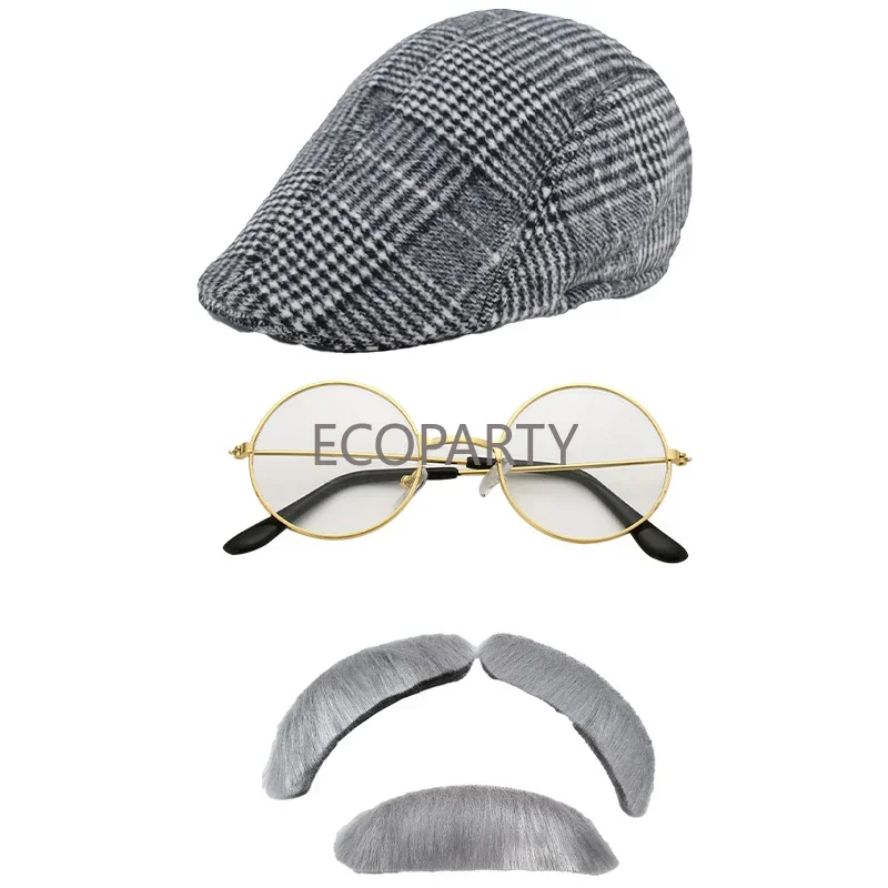 2023 New 1960s Old Man Series Beret Hat Glasses Bow Tie Shoulder Strap Mustache Pipe Pocket Watch Crutch Eight Piece Dress Suit