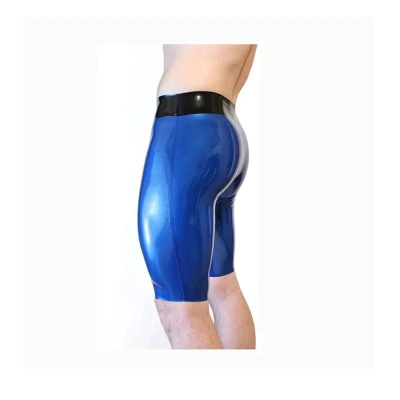 Latex Fetish rubber sexy suit handmade cosplay Natural Underwear Boxer Shorts Men Short Pants Black with Blue Costume