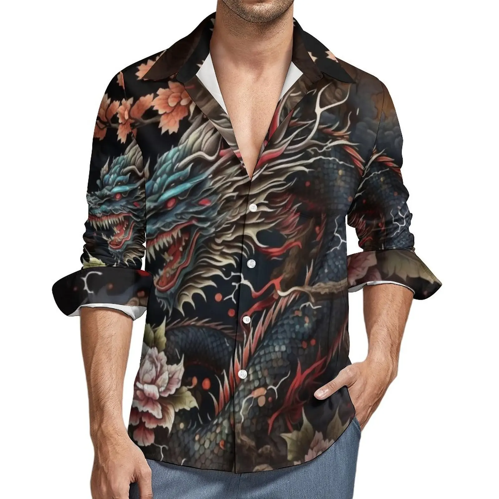 

Fortune Dragon Shirt Autumn Floral Print Casual Shirts Male Elegant Blouses Long Sleeve Design Comfortable Clothing Plus Size