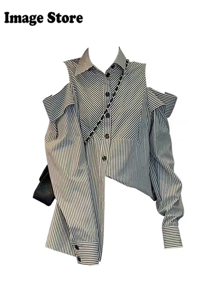 Chemises rayées vintage pour femmes, chemisiers à manches longues, design esthétique des années 2000, mode coréenne Shoujo Girl, printemps
