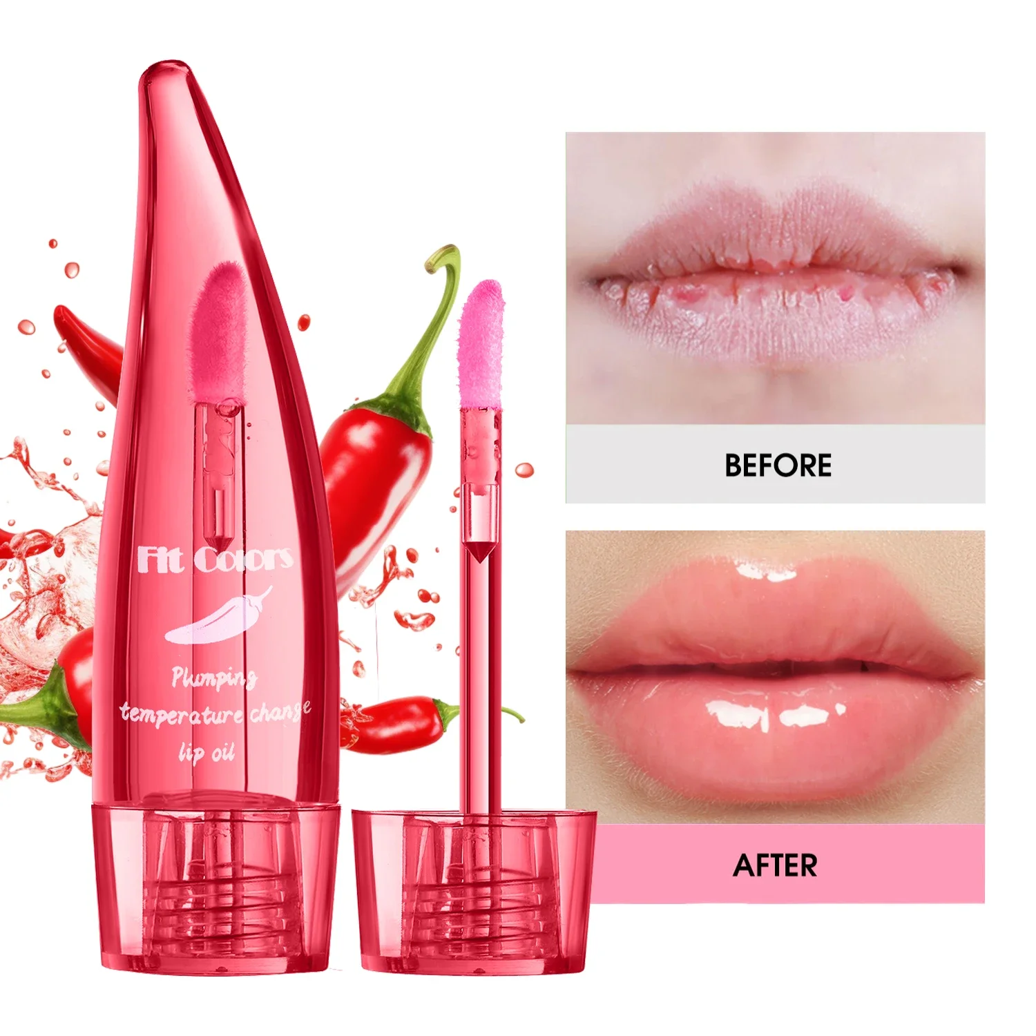 Aceite labial voluminoso de aloe vera y chile |   Cambio de color activado por temperatura |   Brillo de labios hidratante e hidratante para labios más llenos