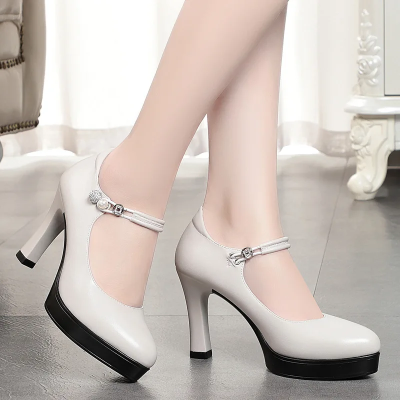 

Elegant Comfort Shallow Soft Leather Shoes Women Mary Jane Spring Block High Heels Office Shoes Platform Pumps Commuting Fashion