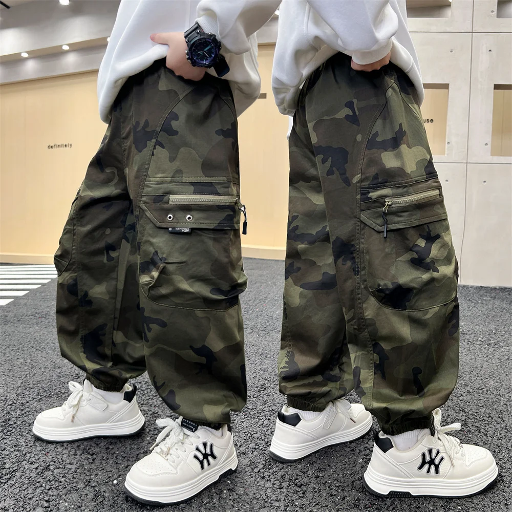 

Kids Camouflage Cargo Pants y2k Clothes Boy Hip Hop Loose Straight Outdoor Sweatpants Korean Children Casual Camo Trousers 4-14Y