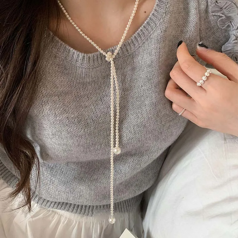 Vintage Imitation Pearl Long Chain Necklace for Women Elegant Classic Multilayer Pearl Clavicle Chain Necklaces Jewelry Gift