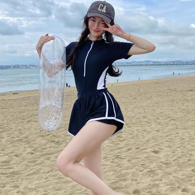 Sporty Fake 2 Pcs Cover-ups Women Young Fashion Skinny Casual College Chic Bathing Swimwear All-match Hotsweet Comfort Ulzzang