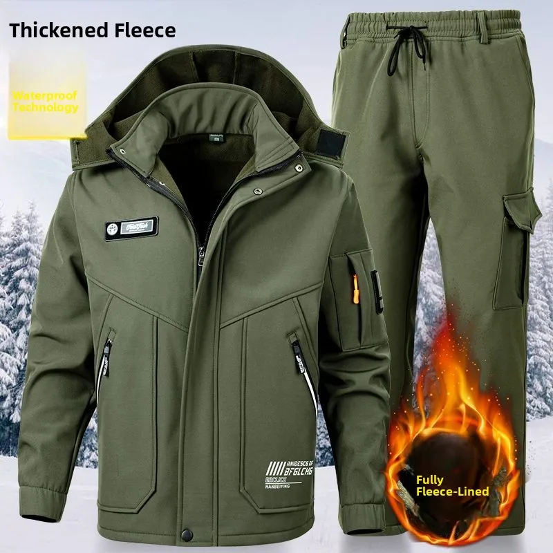 Thiened Fce Autumn Winter Workwear Set for Men Windproof Waterproof Warmth Labor Protection Clothing Long Sve Polyester