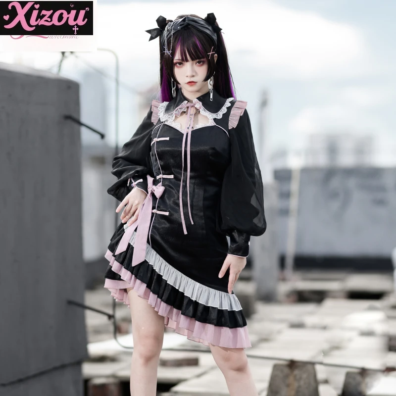 

Новое китайское сладкое и пряное сладкое готическое кружево, девичье ощущение, тонкое и тонкое платье Cheongsam в стиле Лолиты с улучшенными рукавами-пузырьками для девочек