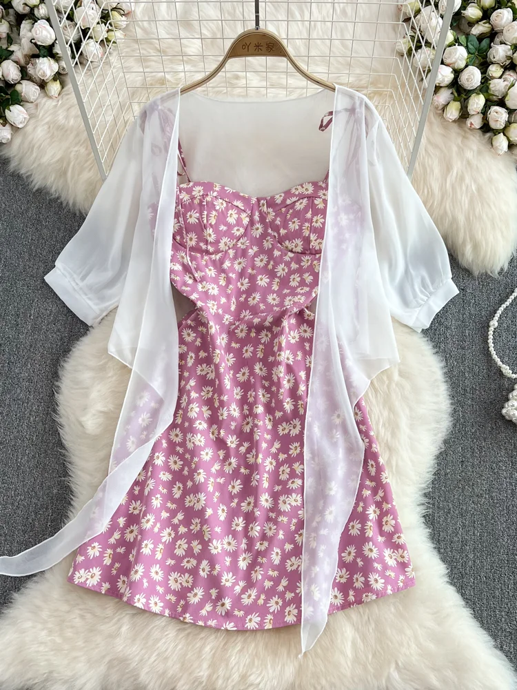 Korean Floral Dress Two-piece Set Women Summer Loose White Short Chiffon Cardigan and Slim Sleeveless Printed Short Dress Suits