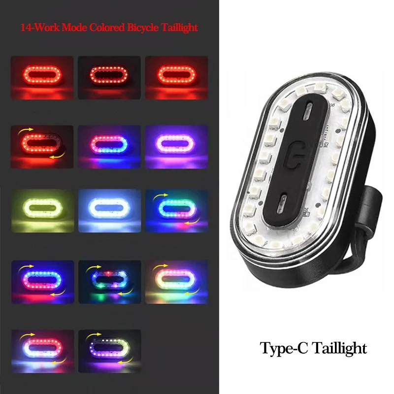 USB TYPE-C Bike Taillight Colored Rear Bicycle Tail Lamp Back Rack Light Cycling Led Warning Night Light Riding Accessories