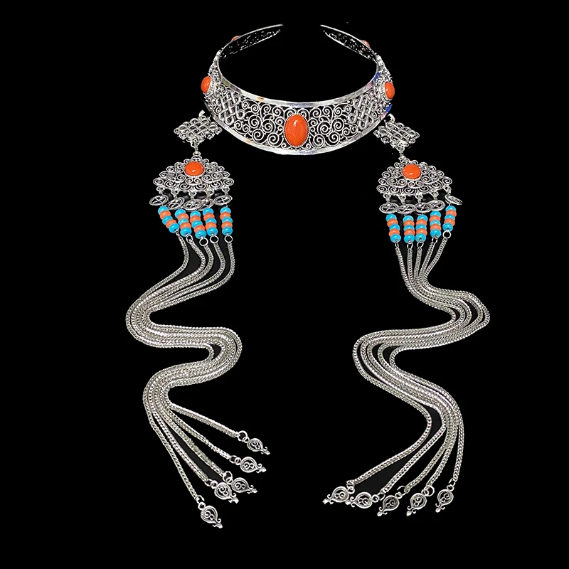 Mongolian Headdress Women Alloy Silver-plated Mongolian Wedding Headwear Dance Performance Long Tassel Ethnic Style Accessories