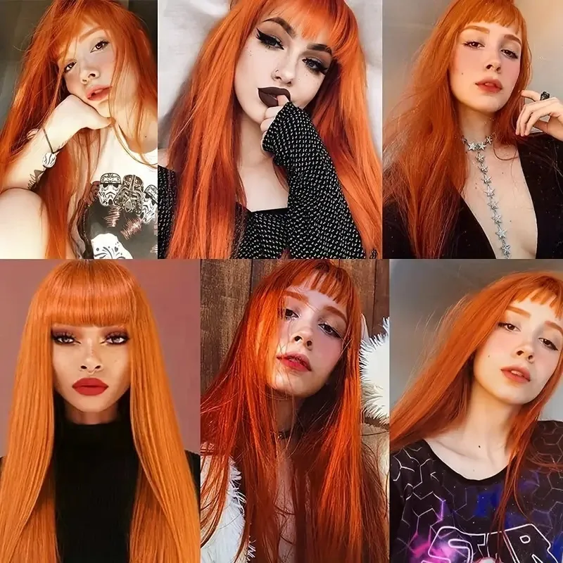 باروكة صناعية برتقالية، شعر طويل مستقيم، باروكة تنكرية لحفلات الهالوين، باروكة يومية، قبعة شعر مستعار حريرية تتحمل درجات الحرارة العالية