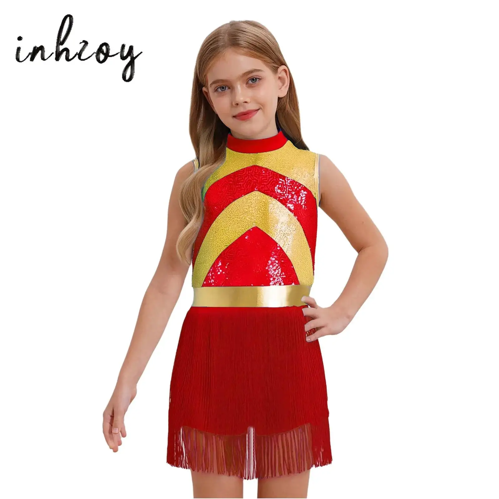 

Kids Girls Latin Jazz Dance Costume Mock Neck Sleeveless Shiny Sequins Color Block Tassels Skirted Leotard Dress for Competition