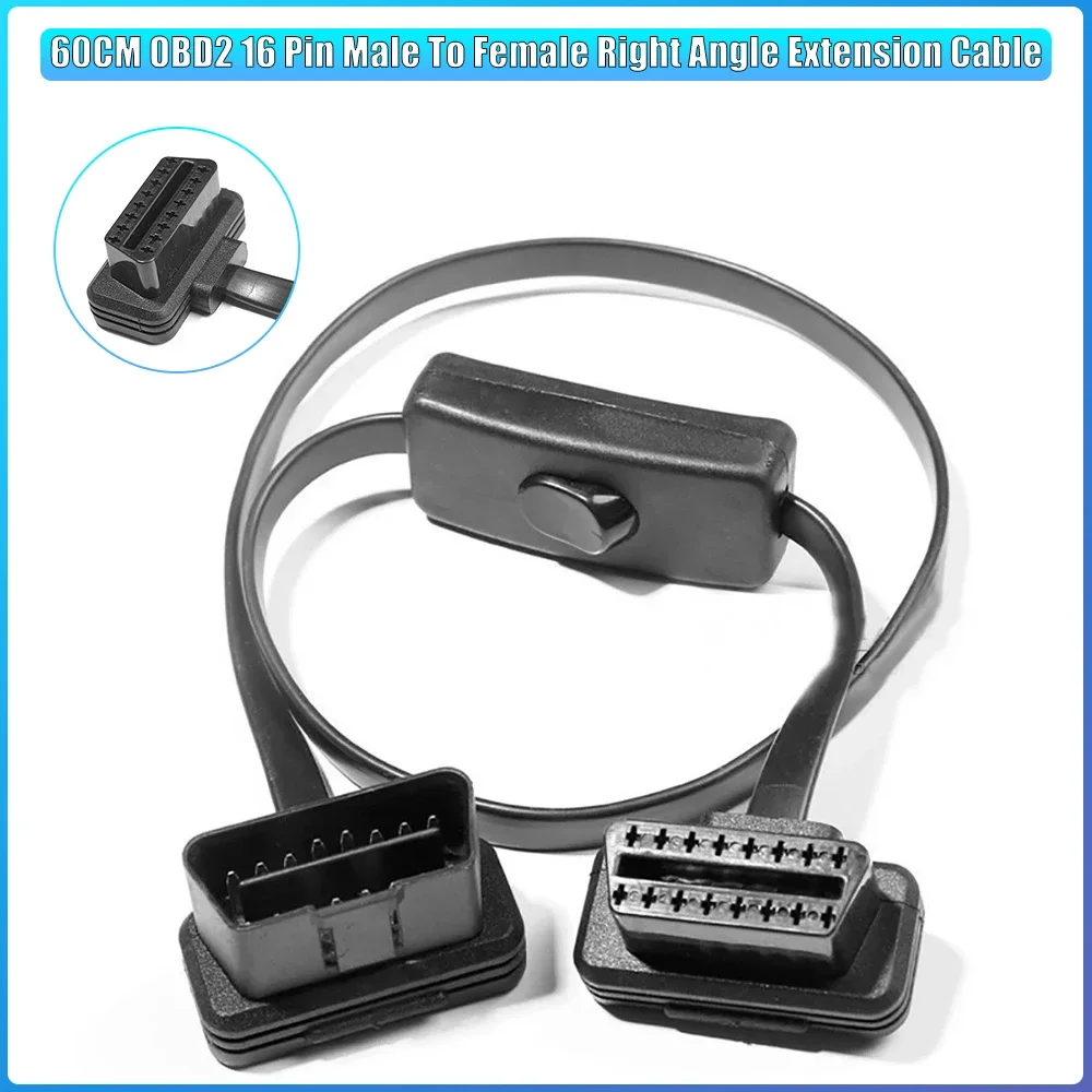 

XMSJ-With Power OBD Switch Cable OBD2 16 Pin Male To Female Right Angle Extension Cable Diagnostic Tool 60CM