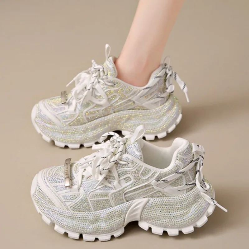 2026 Luxury Rhinestone Chunky Sneakers Comfort Soft Soled Loafers Fashion Double Lace Up Low Top Women Shoes Zapatos Para Mujer