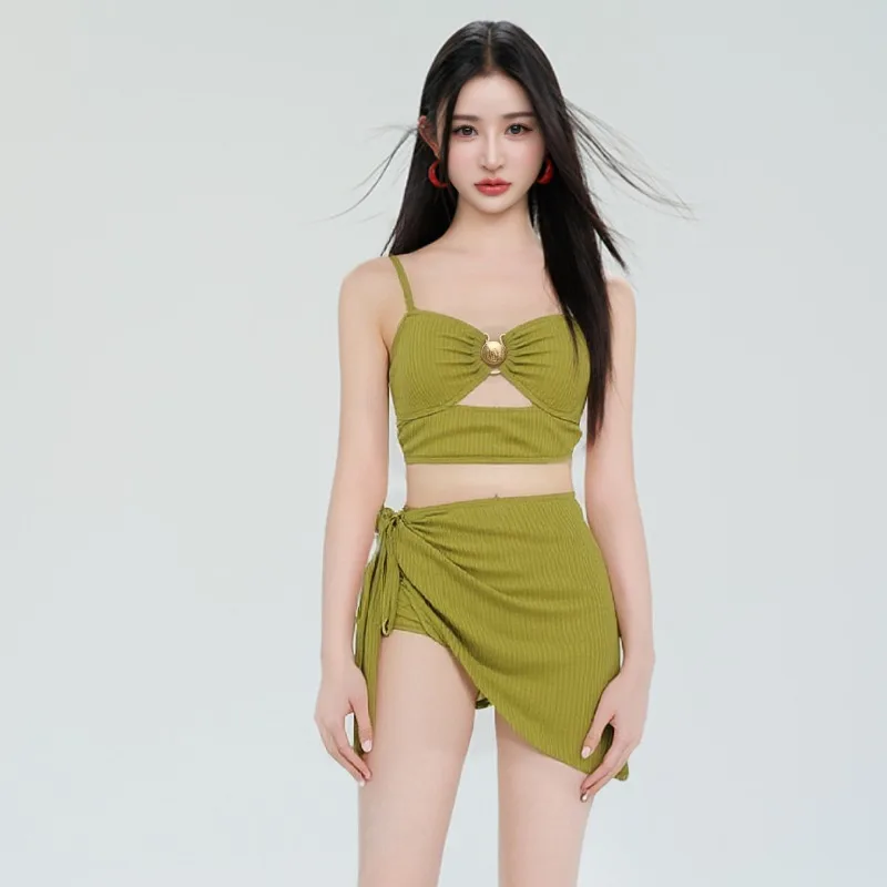 Süßer bedruckter 3-teiliger Badeanzug für Mädchen, sexy, hohler, vertuschender Wickelrock, Bikini-Set, Bauchkontrolle, schlankmachender Badeanzug, Urlaub