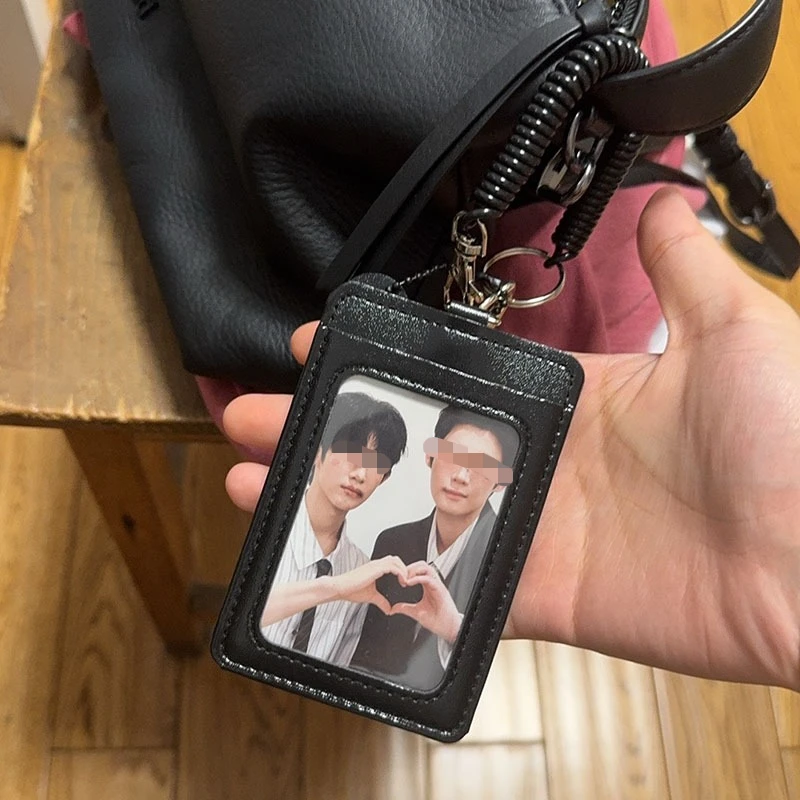 New Pu Black Card Holder Storage Key Ring Pendant Korean Kpop Card Sleeve with Protective Film Idol Photo Game Card Cover