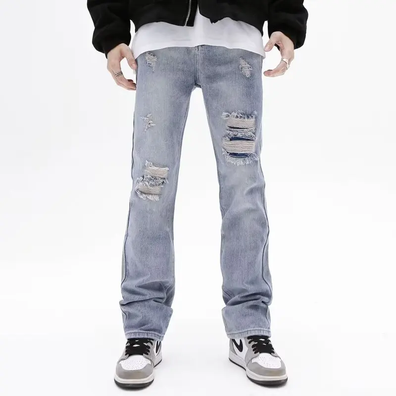 

Vintage Ripped Distressed Jeans for Men Straight Washed Harajuku Hip Hop Loose Denim Trousers Vibe Style Casual Jean Pants 5014