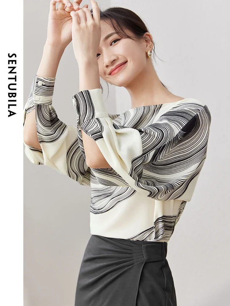 SENTUBILA Printing Chiffon Blouse for Women 2024 Spring Autumn Vintage Elegant Loose Long Sleeve Tops Woman Clothing 133V50742