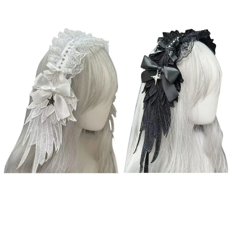 

E1PE Punk Anime Maid Оболочка с ангельским крылом субкультуры кружевная отделка Headwrap Costum