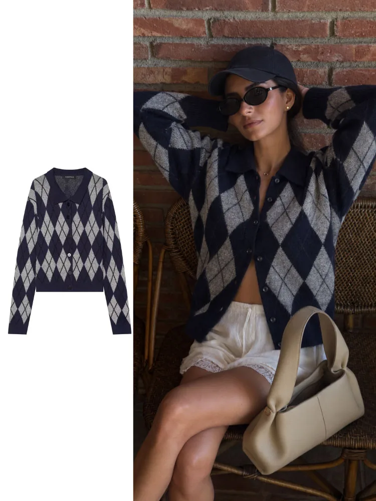 HH Vacation Argyle Knit Cardigan Women Spring Autumn Polo Collar Button Down Travel Soft Cozy Chic Stylish Light Casual Wear