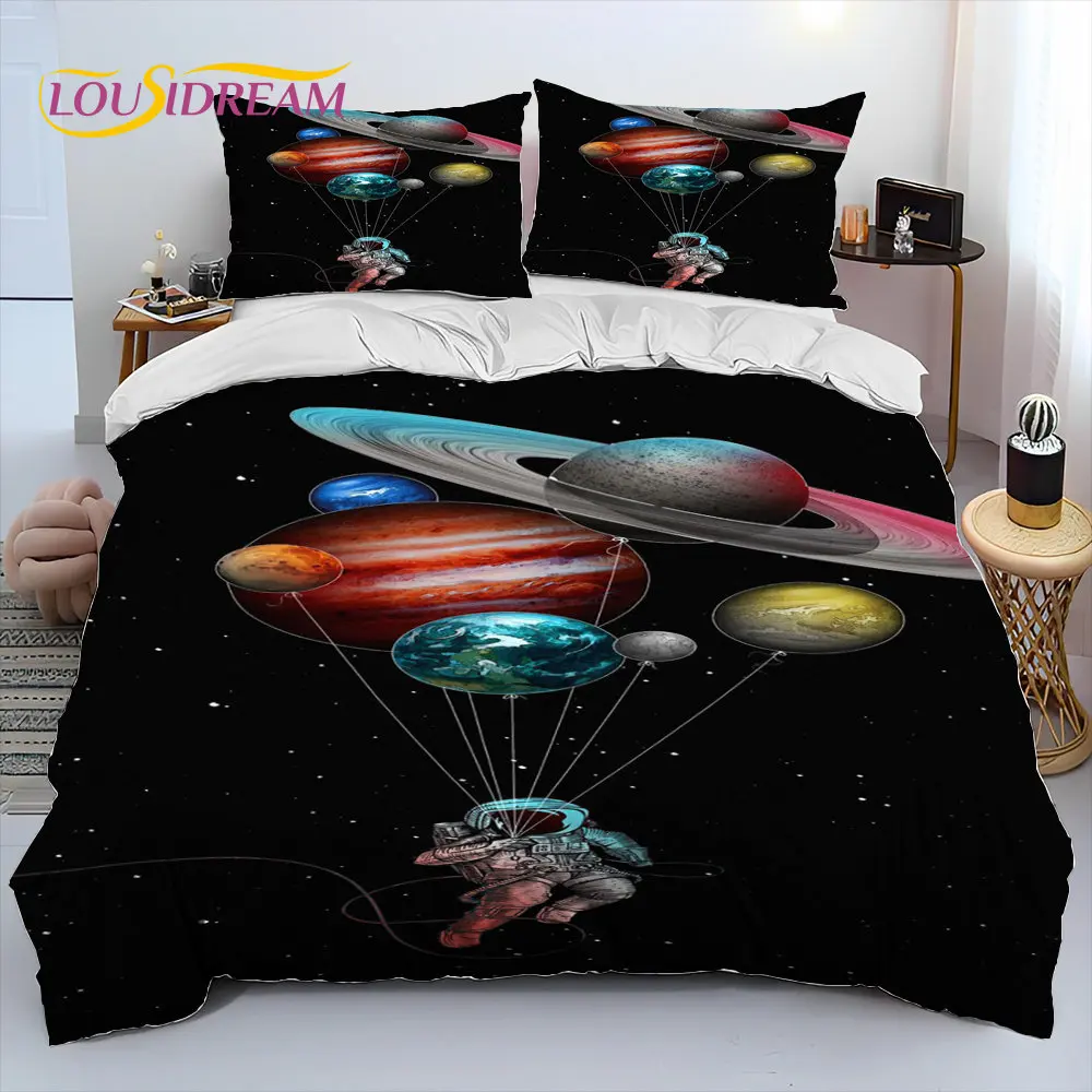 Astronaut Space Cartoon Comforter Bedding Set,Duvet Cover Bed Set Quilt Cover Pillowcase,King Queen Size Bedding Set for Child