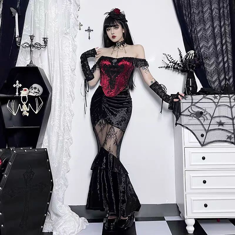 

Gothic Style Velvet Lace Outfit Set Halloween Atmosphere Fish Tail Lolita Tank Top High Waist Skirt Women's Fashion Set