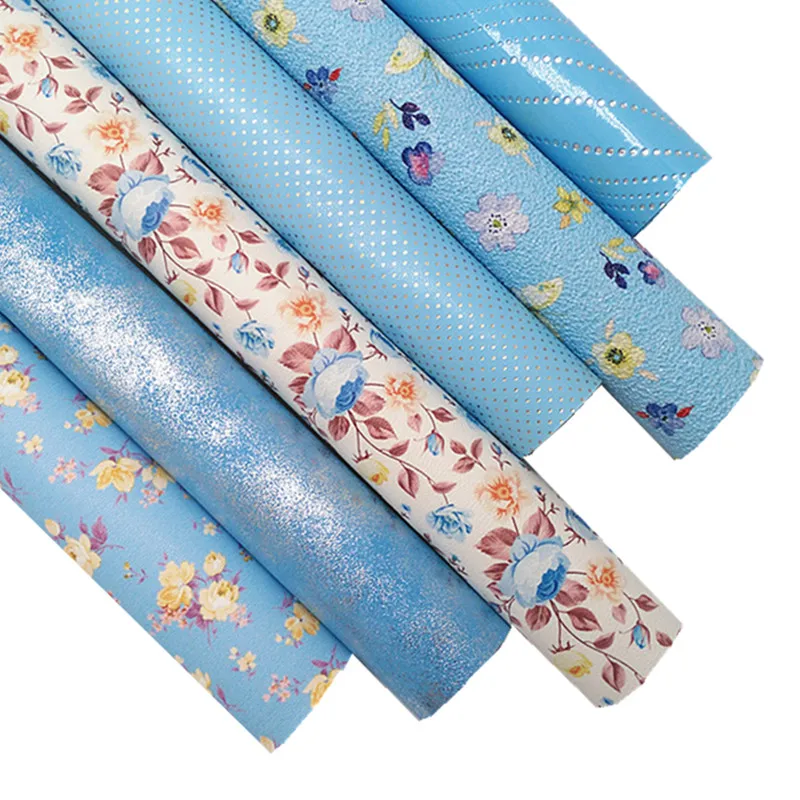 Blue Faux Leather Sheets Metallic Synthetic Leather Flowers Printed Leather Dots Embossed Leather for DIY Craft 8.2