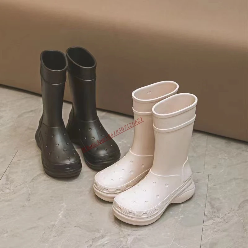 

Solid Color Slip-On Mid-Calf Boots Women's New Rain Boots Large Size Waterproof Short Boots