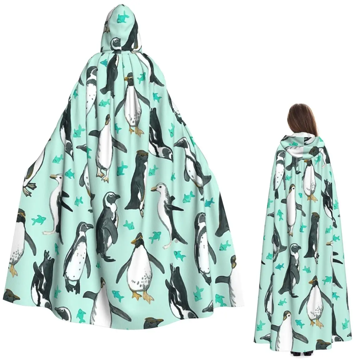 

Lots Of Little Penguins On Mint Long Hooded Cloak Witch Medieval Costume Cosplay Cape HalloweenCoat Adult Unisex
