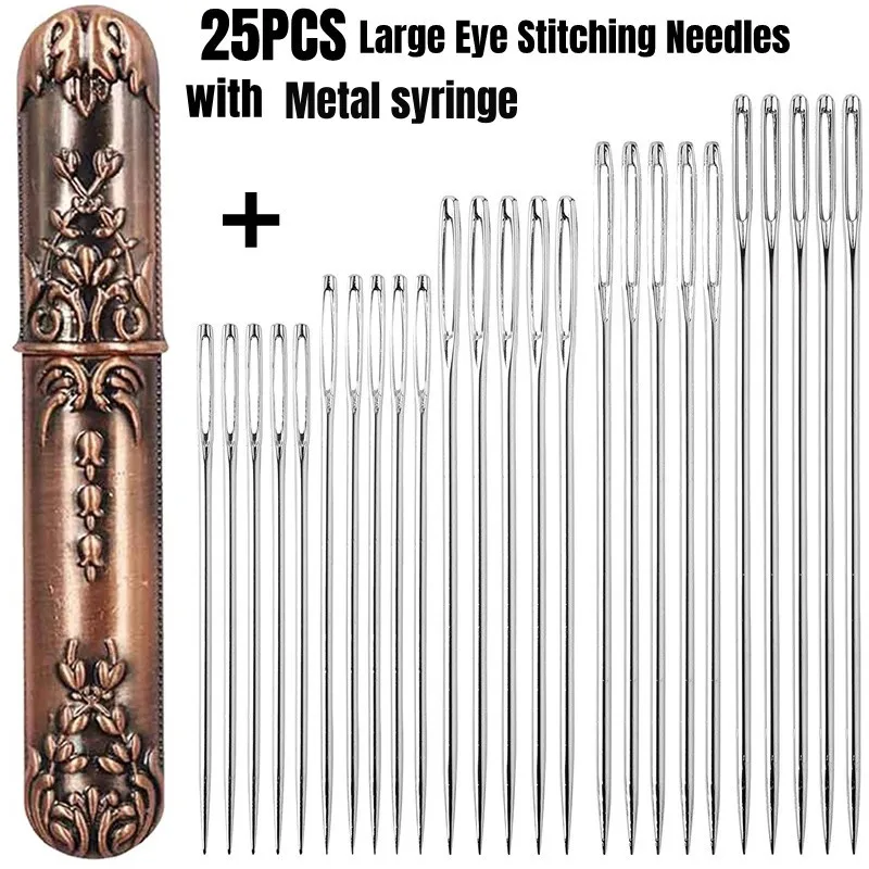 25PCS Large Eye Stitching Needles, 5 Sizes Big Eye Hand Sewing Sharp Needles Embroidery Thread Needle with Vintage Needle Case