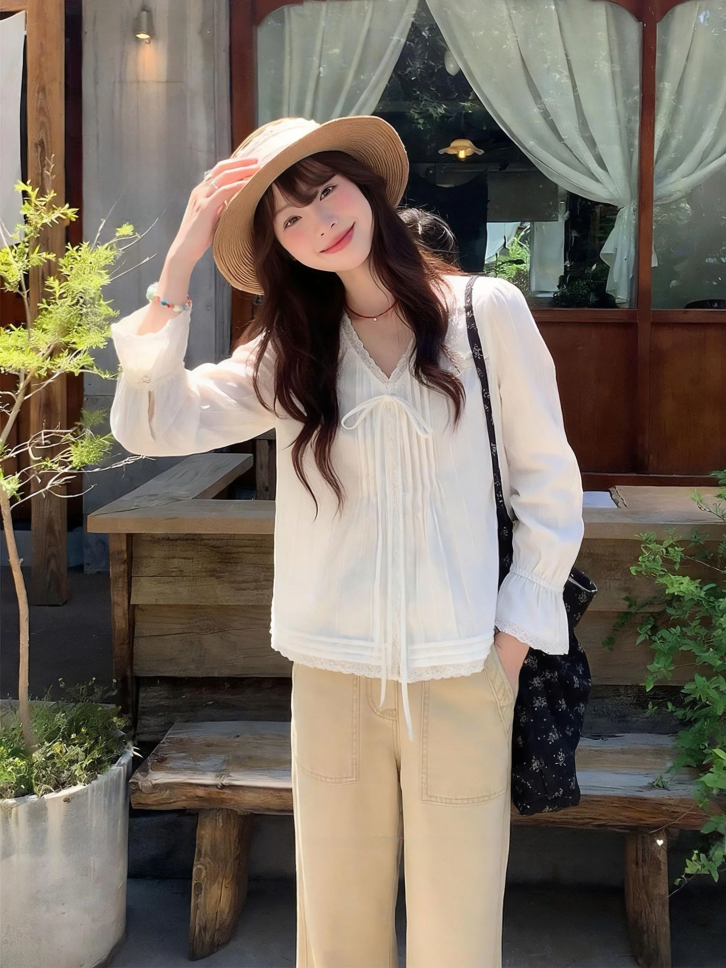 White V-Neck Long Sleeve Lace Trim Shirt Women's Style Gentle Breeze Tie Waist Cotton Button up Casual Fashion Autumn 2026