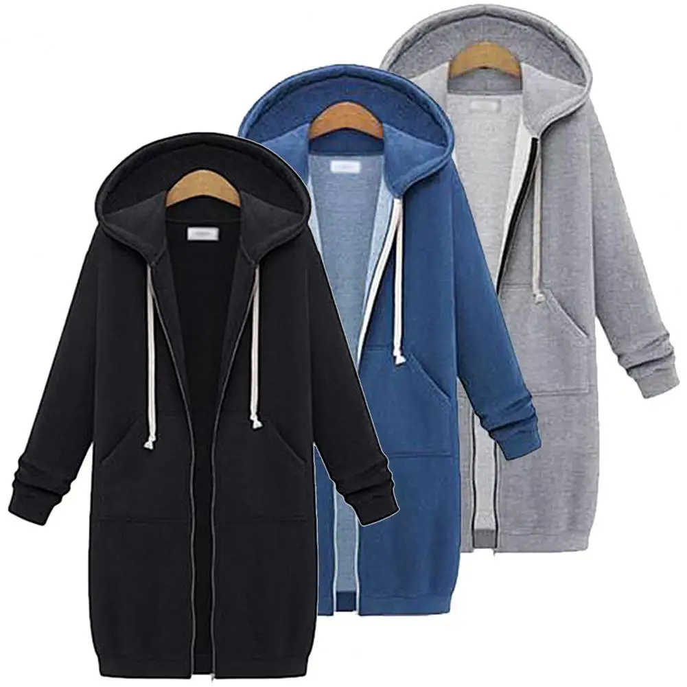 New Women Large Size Autumn Winter Zip Hoodie Sweater Hooded Long Jacket Sweatshirt Coat Casual Solid Streetwear Female Hoodies