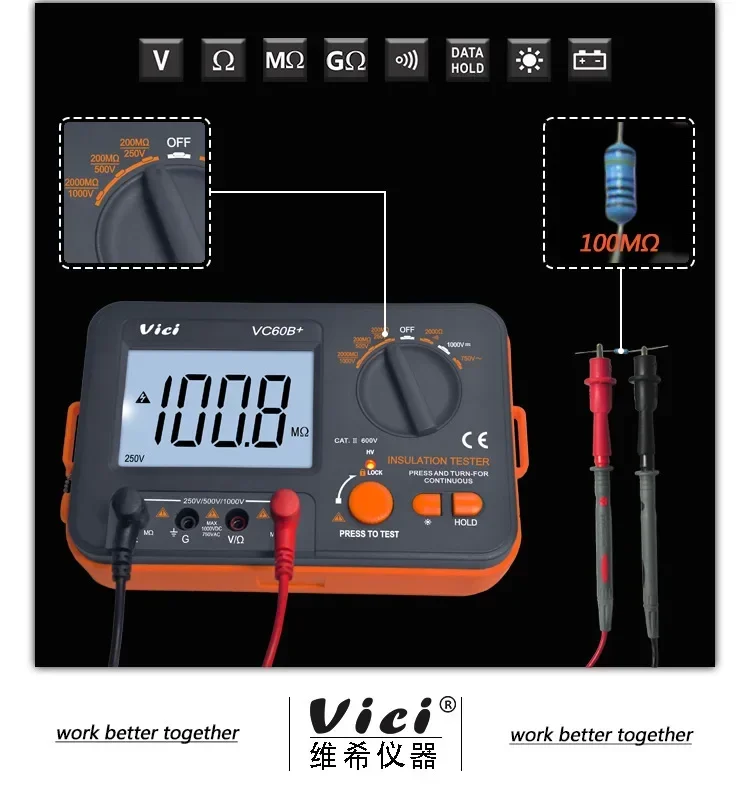 Imagem -04 - Testador de Resistência de Isolamento Digital Alarme de Entrada de Curto Circuito Alta Tensão dc ac 2000m Ohm 60b Mais 1000v Teste Vc60b