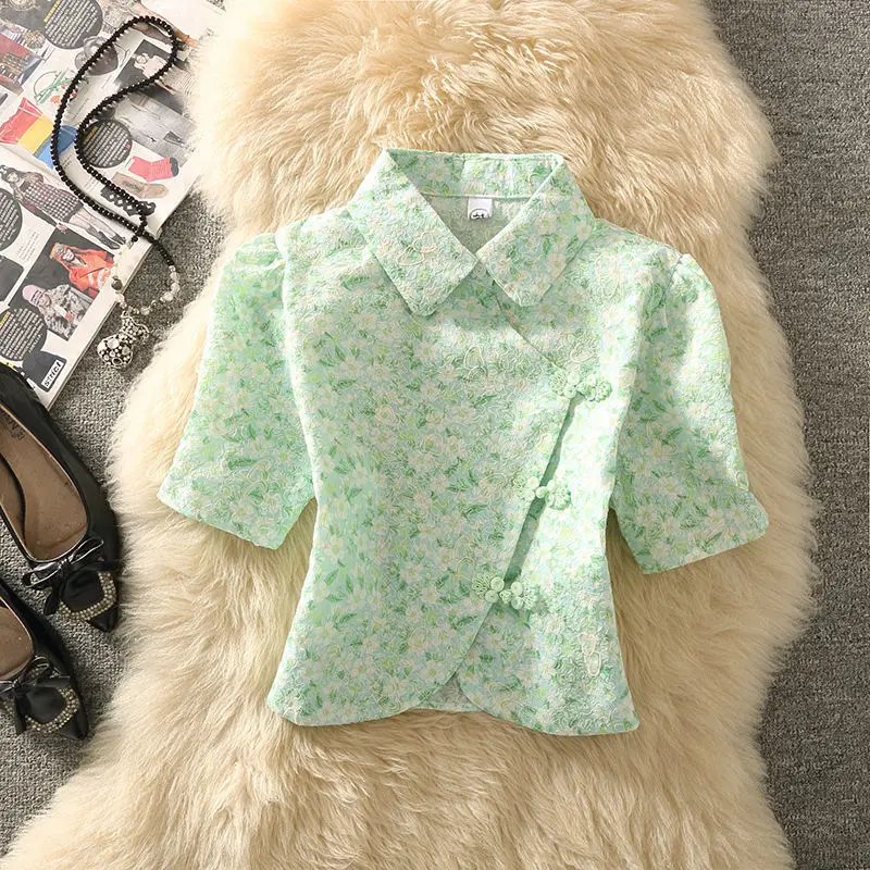 

Women's New Retro Chinese Style Cheongsam Button Shirt Women's Design Sense Polo Collar Jacquard Blouse Summer Short Shirt