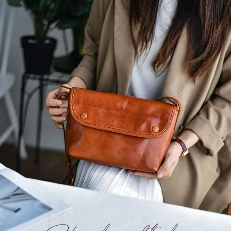 outdoor daily travel handmade vegetable tanned cowhide women's shoulder bag casual vintage genuine leather crossbody bag