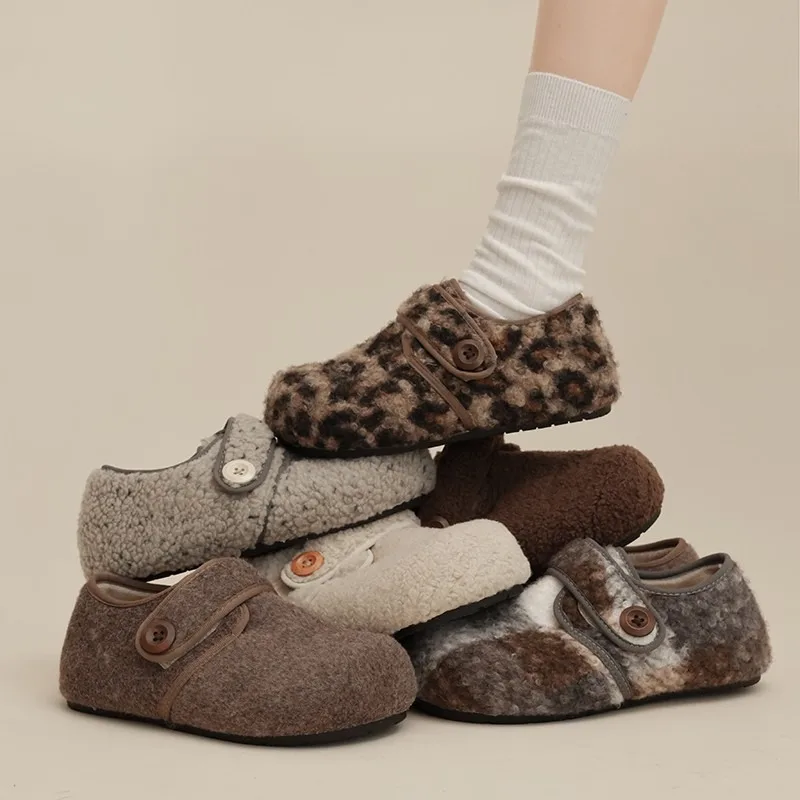 

Design Thick Botton Wool Fur Flats Women Buckle Belt Leopard Slip on Loafers Female Round Toe Sheep Fur Winter Shoes Mocasines