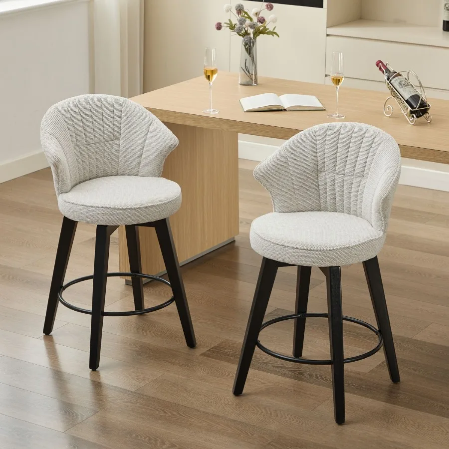 

008Set of 2 Counter Height Swivel Bar Stools Chenille Upholstered Chairs with Wide Backrest for Bar Kitchen Island Dining Room