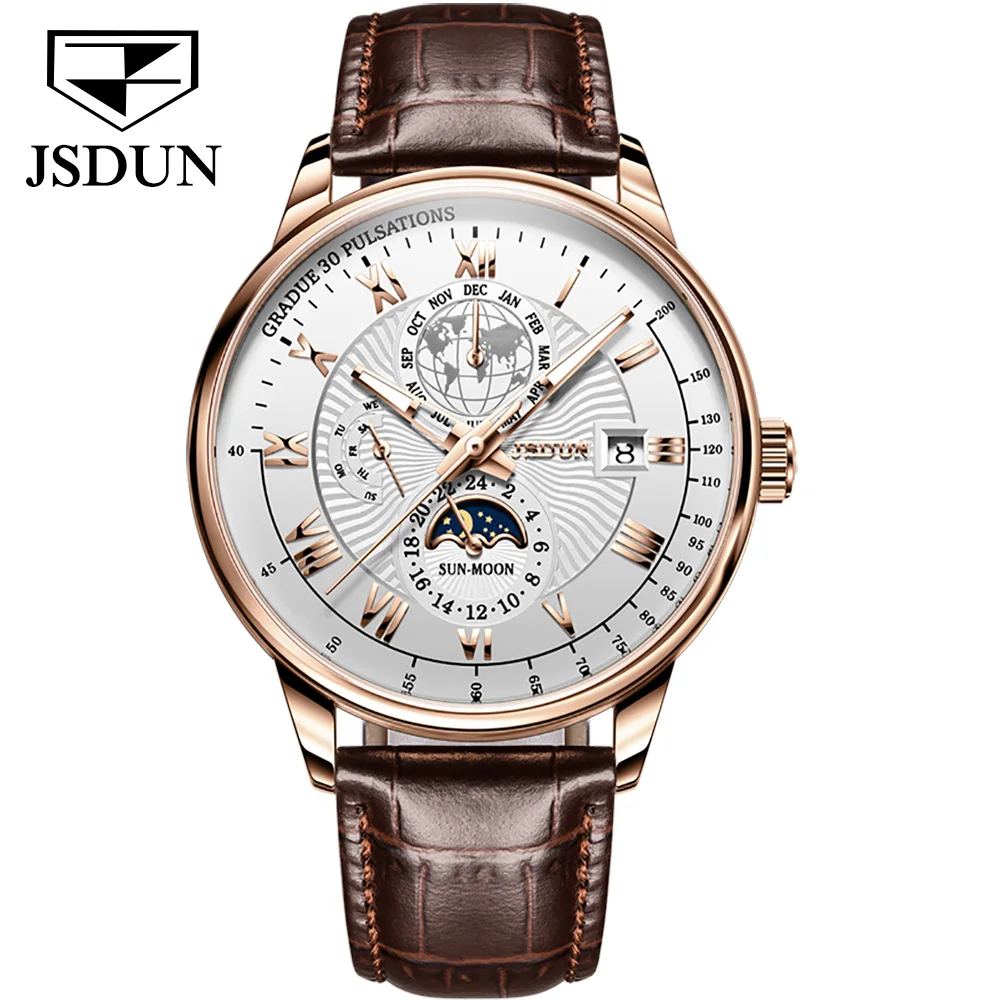 JSDUN Hot Sale Automatic Man Watch Luxury Leather Strap Auto Date Waterproof Calendar Moon Phase Original Mechanical Watch 8909