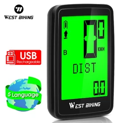 WEST BIKING USB Rechargeable Bicycle Computer 5 Languages Wireless Waterproof Backlight Bike Speedometer MTB Cycling Odometer